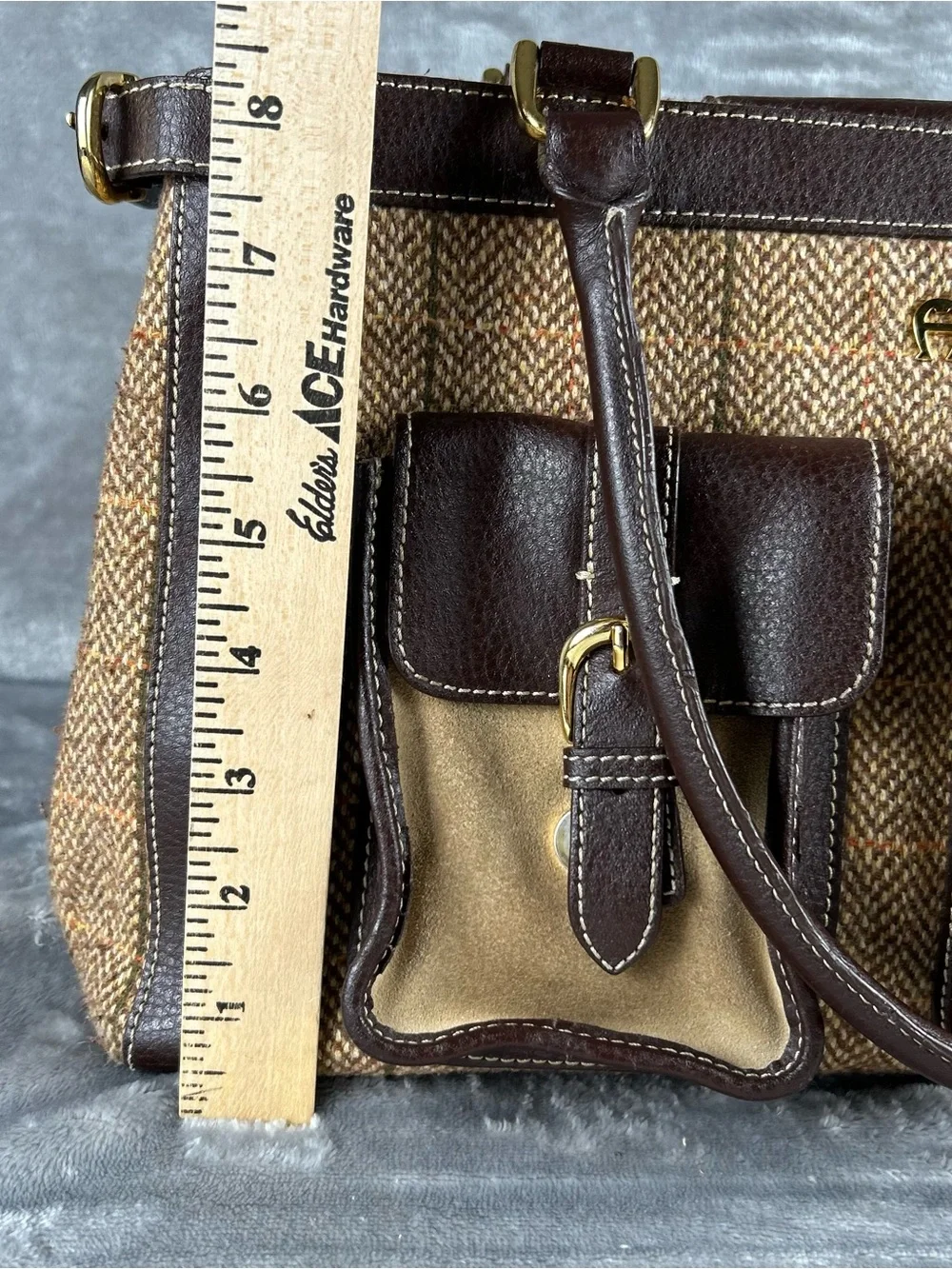 Vintage ETIENNE AIGNER Plaid Wool Tweed Leather & Suede Tote Satchel Bag Handbag
